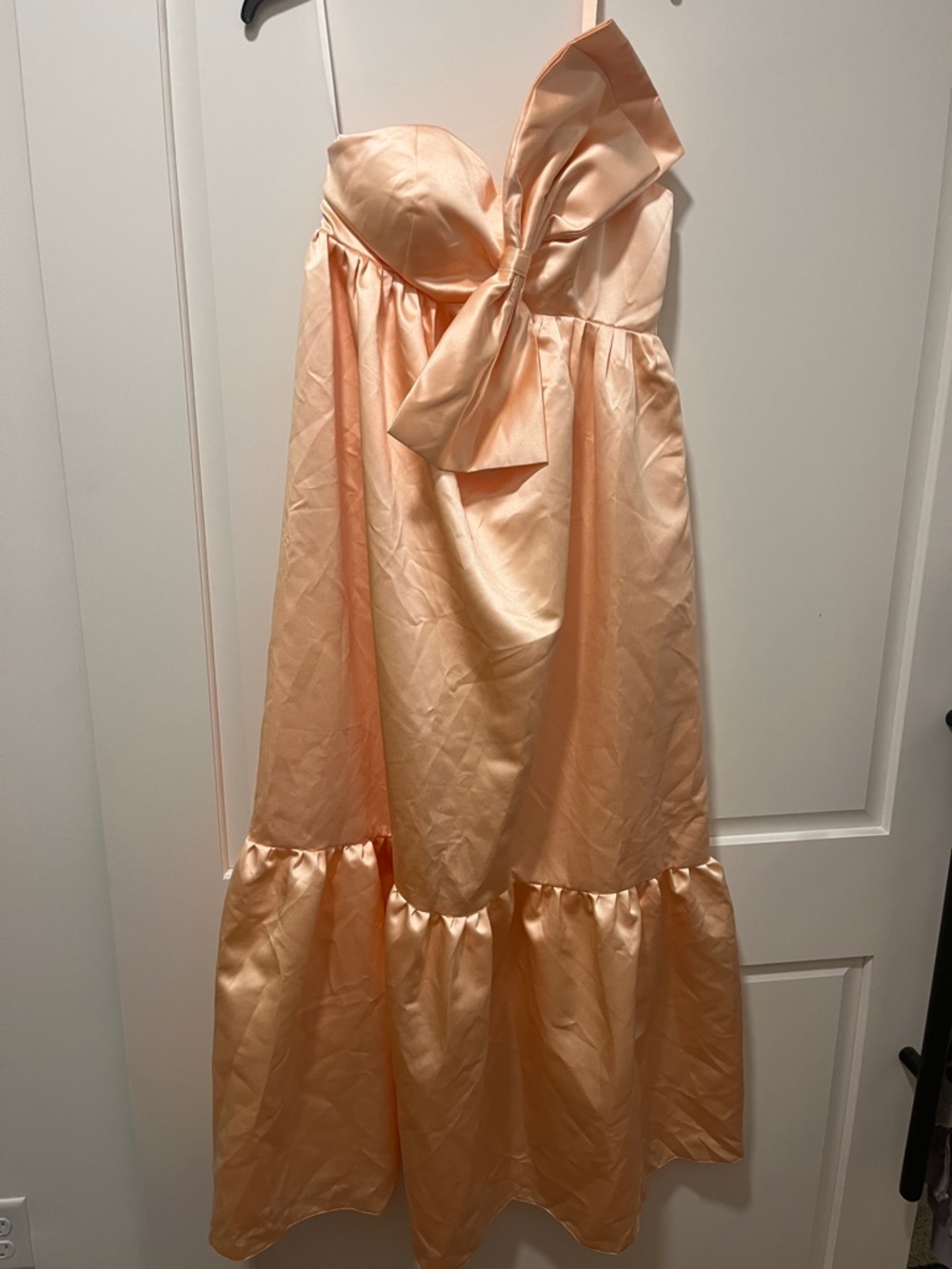 Simple One-Shoulder Peach Satin Bow Dress